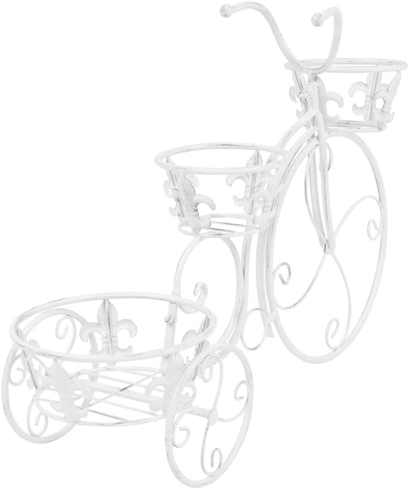 Vintage Bicycle-Shaped Metal Plant Stand Indoor Outdoor Antique White 30" with 3 Flower Holders for Patio Balcony Garden Decoration