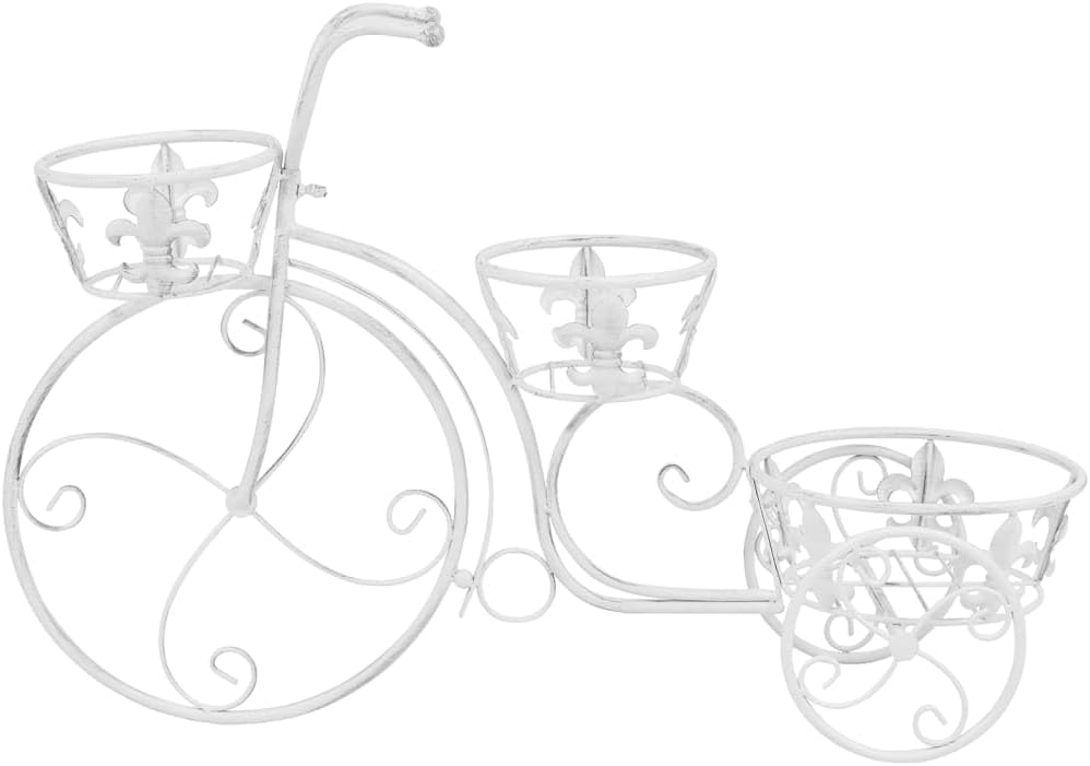 Vintage Metal Bicycle Plant Stand, Antique White Decorative Flower Holder with 3 Tier Potted Plant Display Shelves for Garden, Patio, Living Room Home Decor