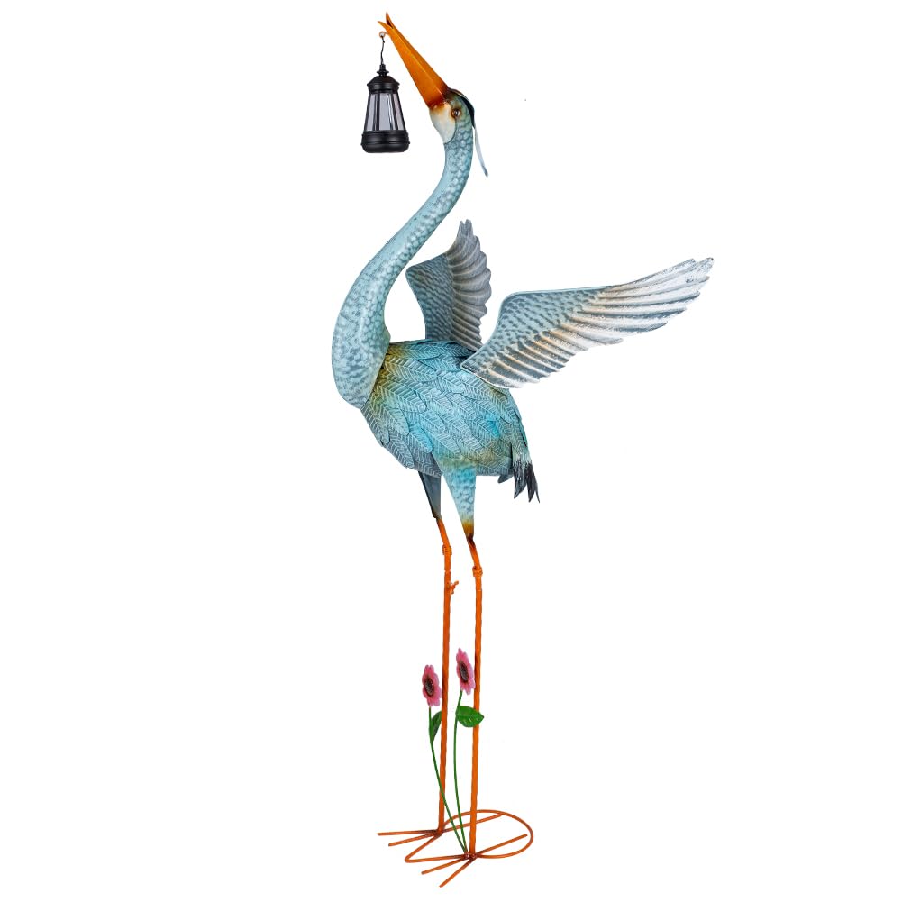 Crane Garden Statue with Solar Lantern, Large Blue Heron Outdoor Staue Garden Decor, Metal Crane Sculpture Yard Art Decor for Lawn, Backyard, Porch