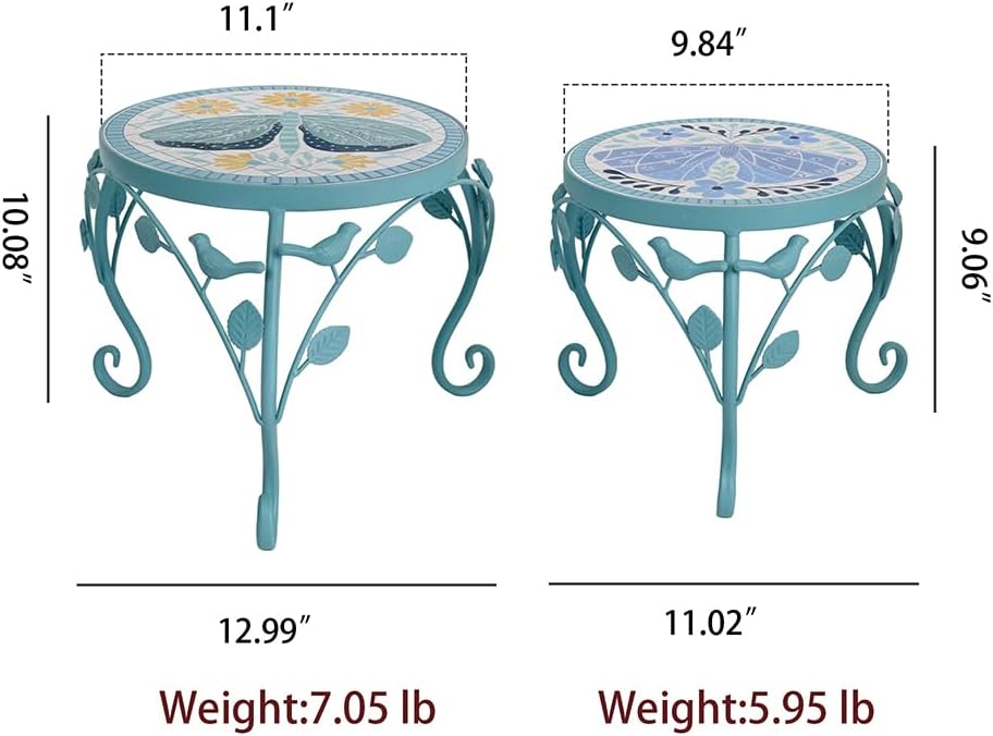 Rustic Metal Plant Stand Set of 2 Indoor & Outdoor Round Ceramic Top Butterfly Mosaic Planter Pot Stand Low Heavy Duty Flower Holder Rack for Patio Living Room Garden Farmhouse Accessory Decor Gift