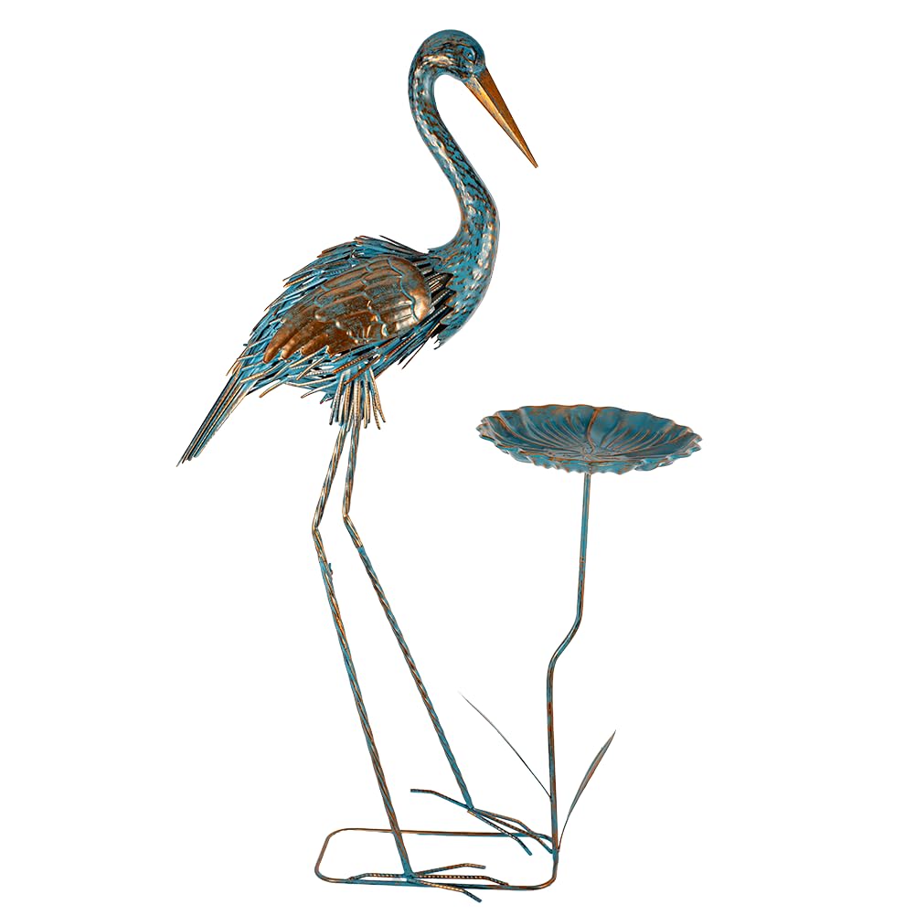 Crane Garden Statue with Solar Lantern, Large Blue Heron Outdoor Staue Garden Decor, Metal Crane Sculpture Yard Art Decor for Lawn, Backyard, Porch
