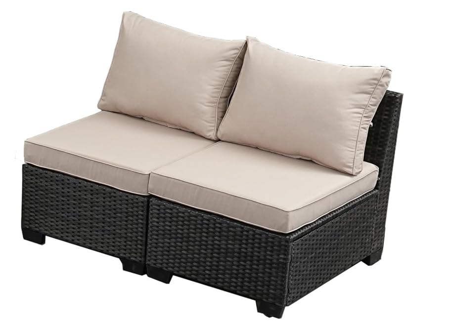Jing's Villa 6-Piece Patio Furniture Set, All-Weather Outdoor Wicker Sectional Sofa with Cushions, Glass Table & Left and Right Armrest, Rattan Conversation Seating for Porch, Garden, Backyard,Beige