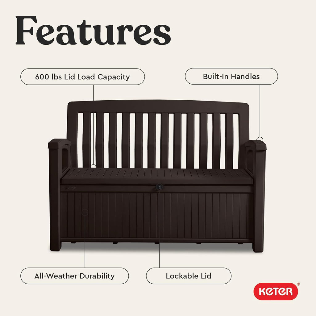 Keter 60 Gallon Storage Bench Deck Box for Patio Furniture, Front Porch Decor and Outdoor Seating – Perfect to Store Garden Tools
