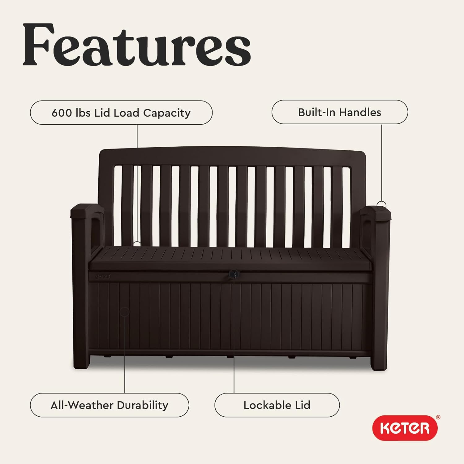 Keter 60 Gallon Storage Bench Deck Box for Patio Furniture, Front Porch Decor and Outdoor Seating – Perfect to Store Garden Tools
