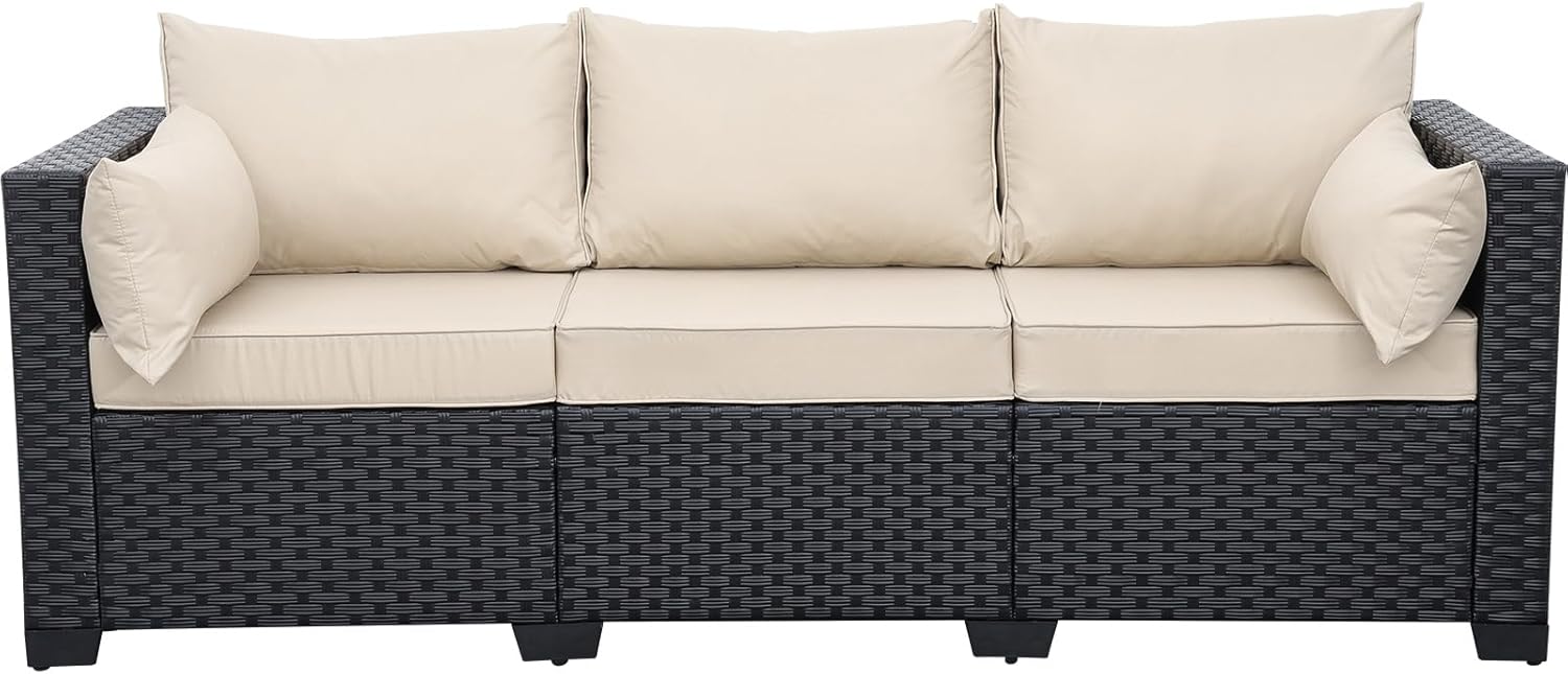 Rattaner Patio Furniture 3-seat Sofa Wicker Outdoor Furniture Outdoor Couch Deep Seat Hight Backrest Waterproof Cover Anti-Slip Cushions, Khaki