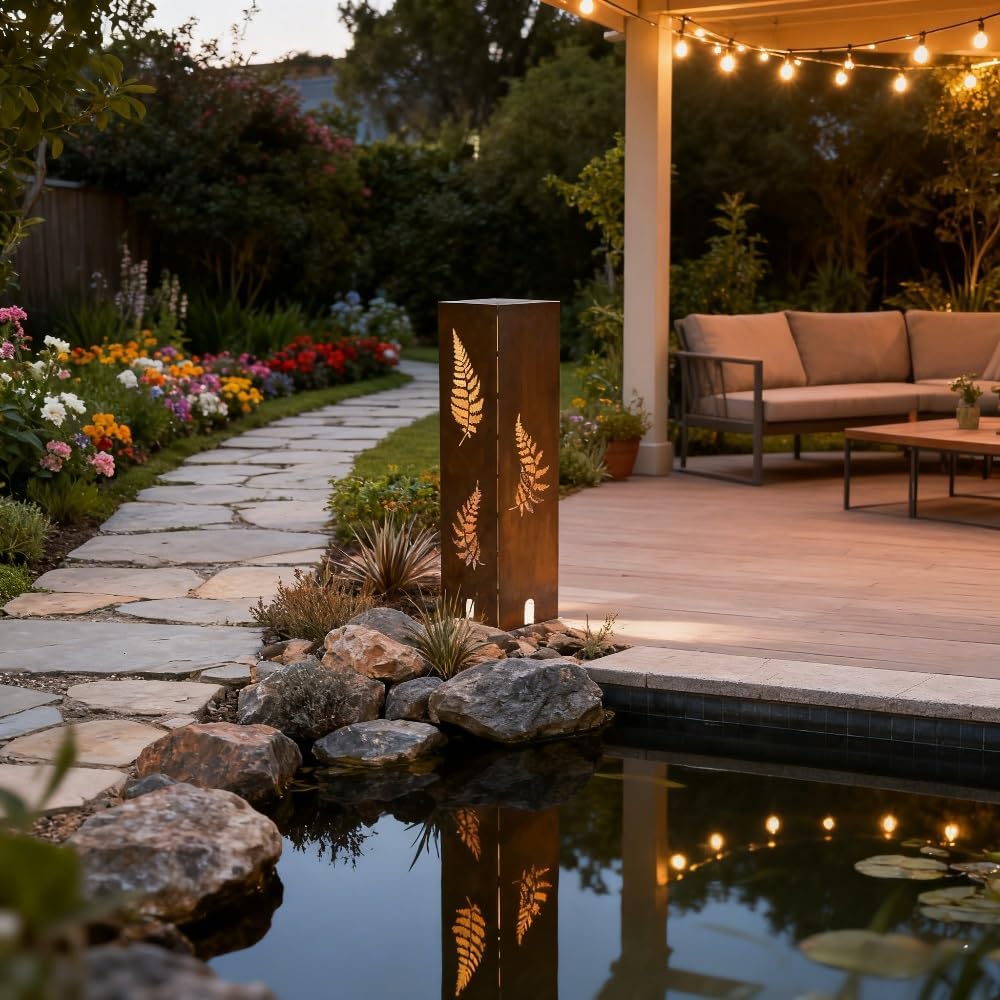 Rusty Fern Hand Welded Garden Column - Courtyard Metal Sculpture & Landscape Art for Outdoor Decoration (Batteries/Bulbs Not Included)(40cm/15.76inch)