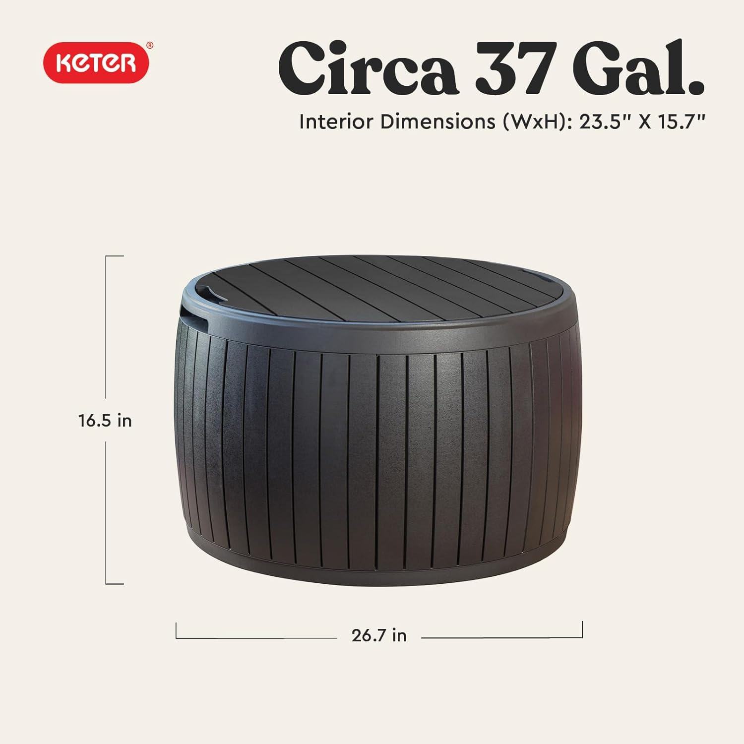 Keter Circa 37 Gallon Deck Box Organizer, Works as Ottoman Chair or Side Table, Brown – Large Resin Round Outdoor Storage and Seating for Garden, Pool, and Patio