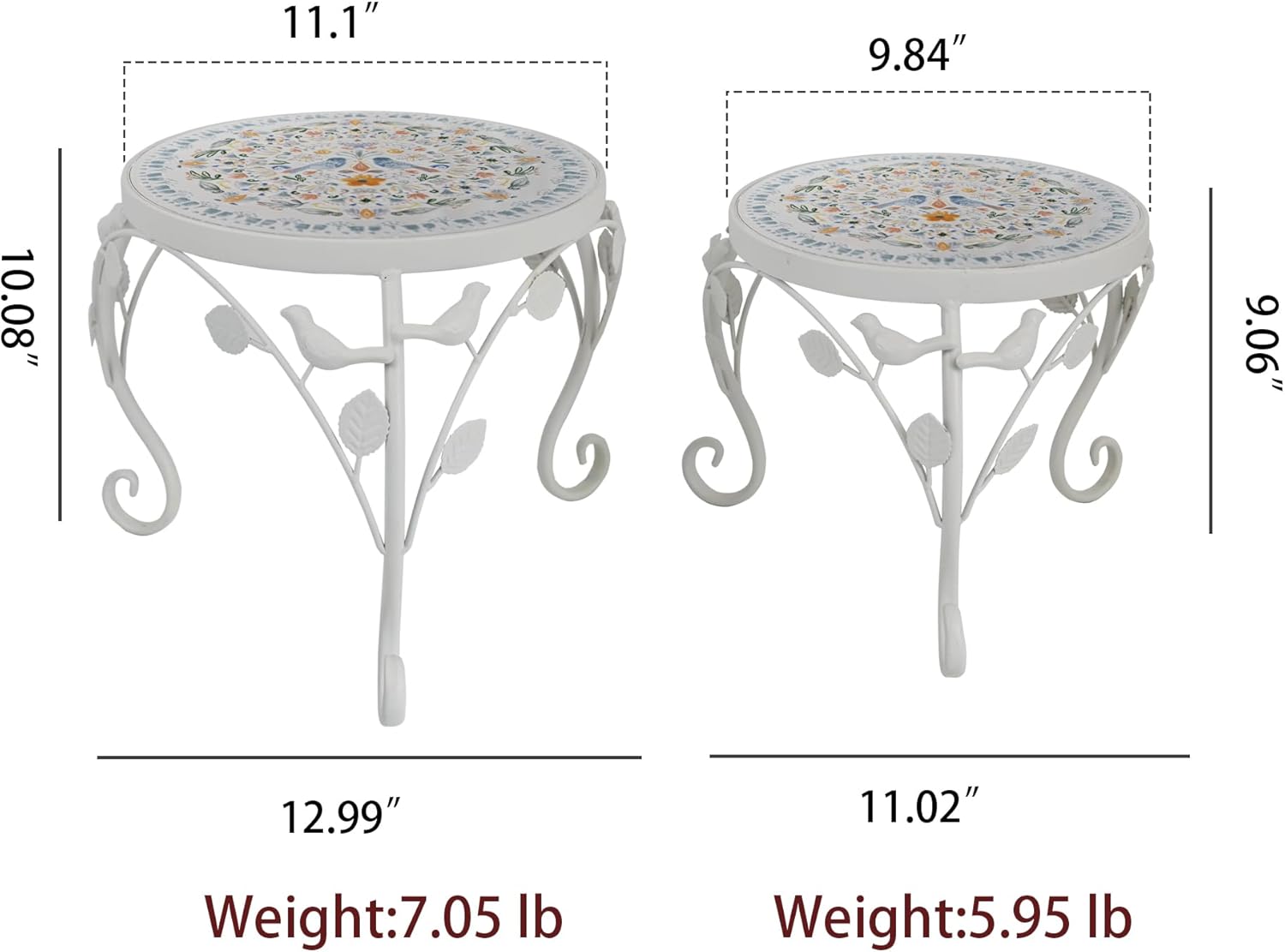 Set of 2 Plant Stand for Indoor Outdoor, Heavy Duty Cast Iron with 10" Ceramic Tile Top Plant Table, Tall Vintage Decorative Plant Rack, Mosaic Flower Pot Holder for Home Garden Porch Yard Patio