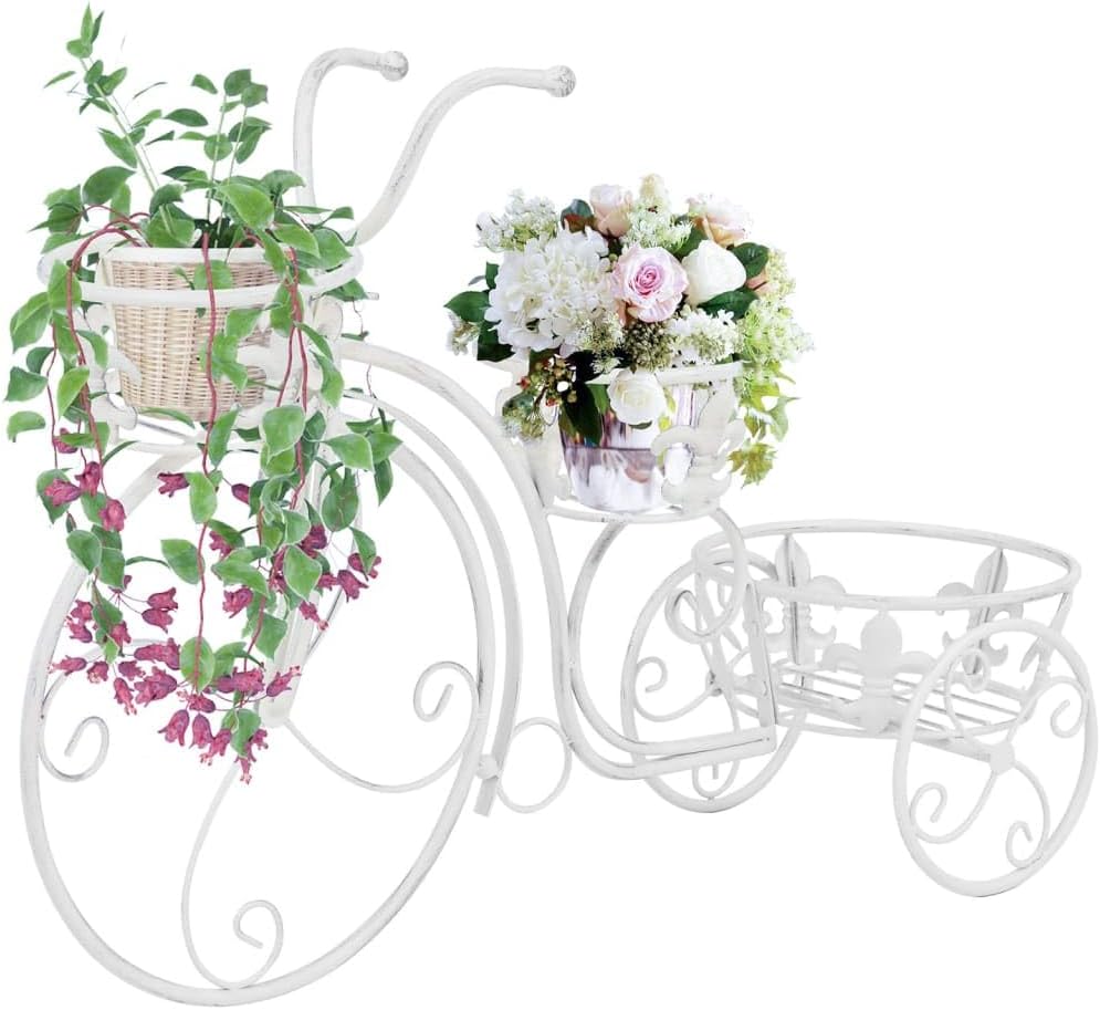 Vintage Metal Bicycle Plant Stand, Antique White Decorative Flower Holder with 3 Tier Potted Plant Display Shelves for Garden, Patio, Living Room Home Decor