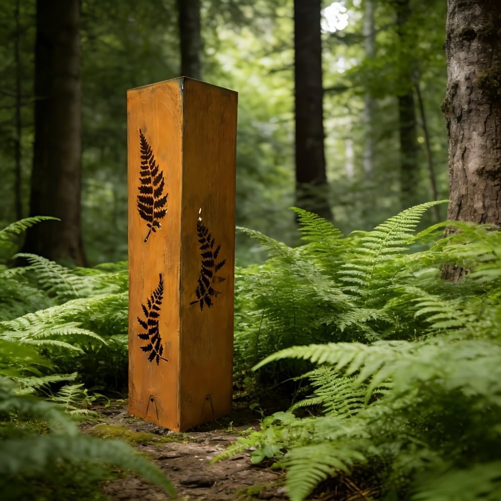 Rusty Fern Hand Welded Garden Column - Courtyard Metal Sculpture & Landscape Art for Outdoor Decoration (Batteries/Bulbs Not Included)(40cm/15.76inch)
