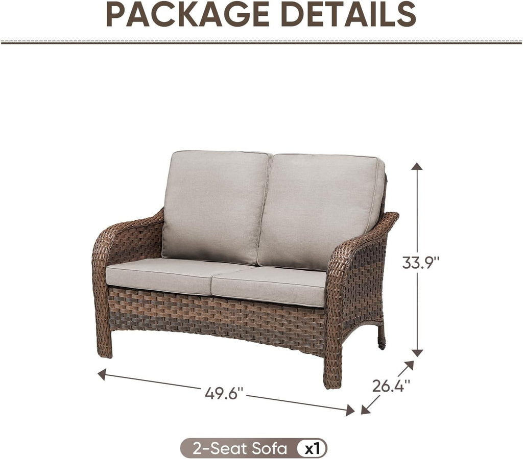 Outdoor Patio Loveseat, All-Weather Hand-Woven PE Wicker 2 Seat Sofa with Thick Cushions, High Back & Deep Seat, Ergonomic Design for Porch, Deck, Balcony, Garden, and Backyard(Beige)