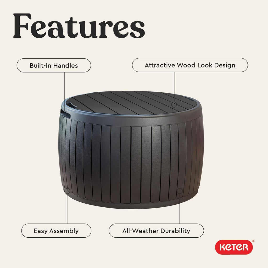 Keter Circa 37 Gallon Deck Box Organizer, Works as Ottoman Chair or Side Table, Brown – Large Resin Round Outdoor Storage and Seating for Garden, Pool, and Patio