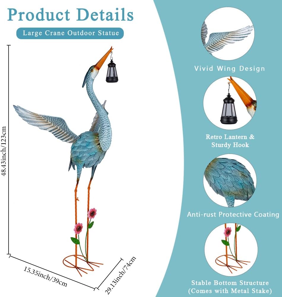 Crane Garden Statue with Solar Lantern, Large Blue Heron Outdoor Staue Garden Decor, Metal Crane Sculpture Yard Art Decor for Lawn, Backyard, Porch
