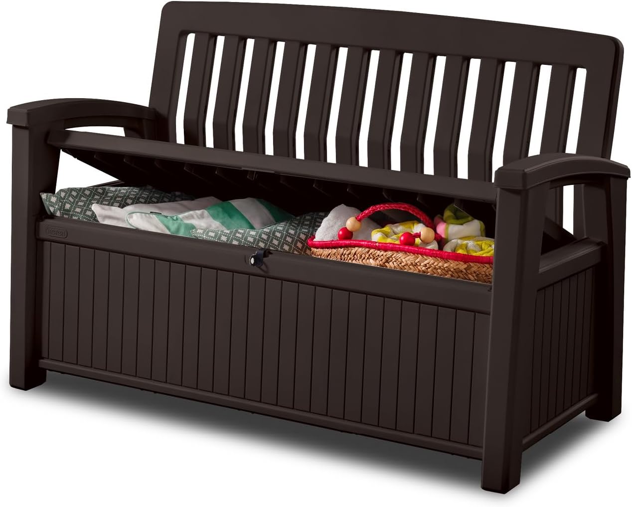 Keter 60 Gallon Storage Bench Deck Box for Patio Furniture, Front Porch Decor and Outdoor Seating – Perfect to Store Garden Tools