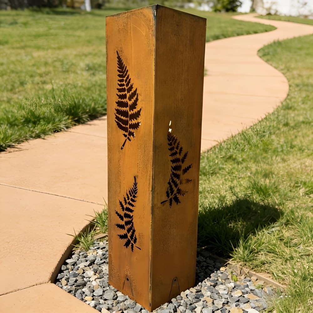 Rusty Fern Hand Welded Garden Column - Courtyard Metal Sculpture & Landscape Art for Outdoor Decoration (Batteries/Bulbs Not Included)(40cm/15.76inch)
