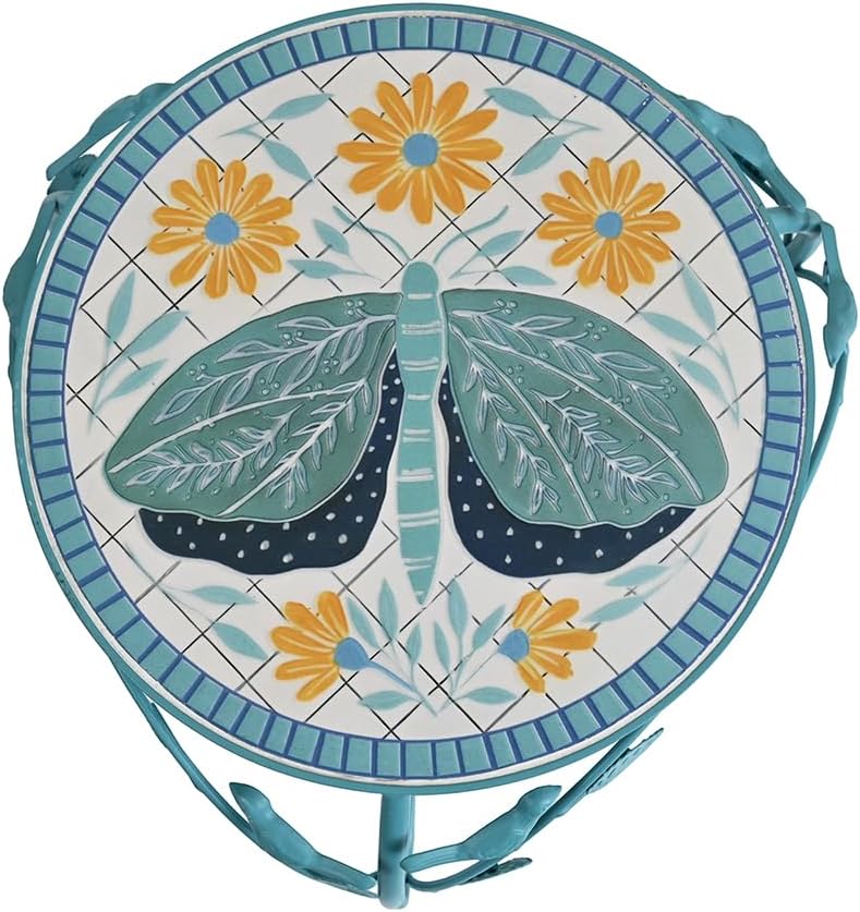 Rustic Metal Plant Stand Set of 2 Indoor & Outdoor Round Ceramic Top Butterfly Mosaic Planter Pot Stand Low Heavy Duty Flower Holder Rack for Patio Living Room Garden Farmhouse Accessory Decor Gift
