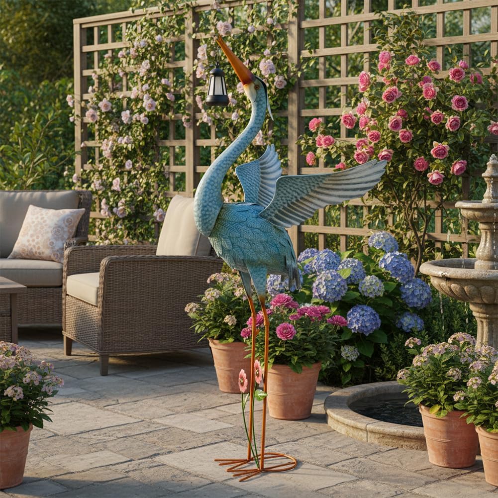Crane Garden Statue with Solar Lantern, Large Blue Heron Outdoor Staue Garden Decor, Metal Crane Sculpture Yard Art Decor for Lawn, Backyard, Porch