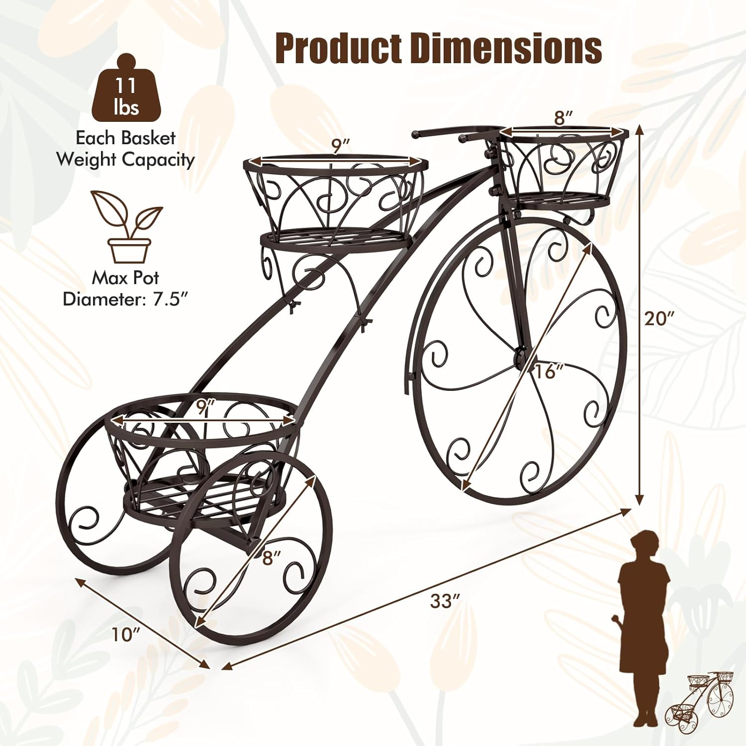 DREAMADE 3-tier Bicycle Planter, Vintage Tricycle Plant Display Cart w/ Openwork Baskets & Fixed Wheels, European-Inspired Metal Decorative Plant Stand for Gardens, Patios, Balconies (Bronze)
