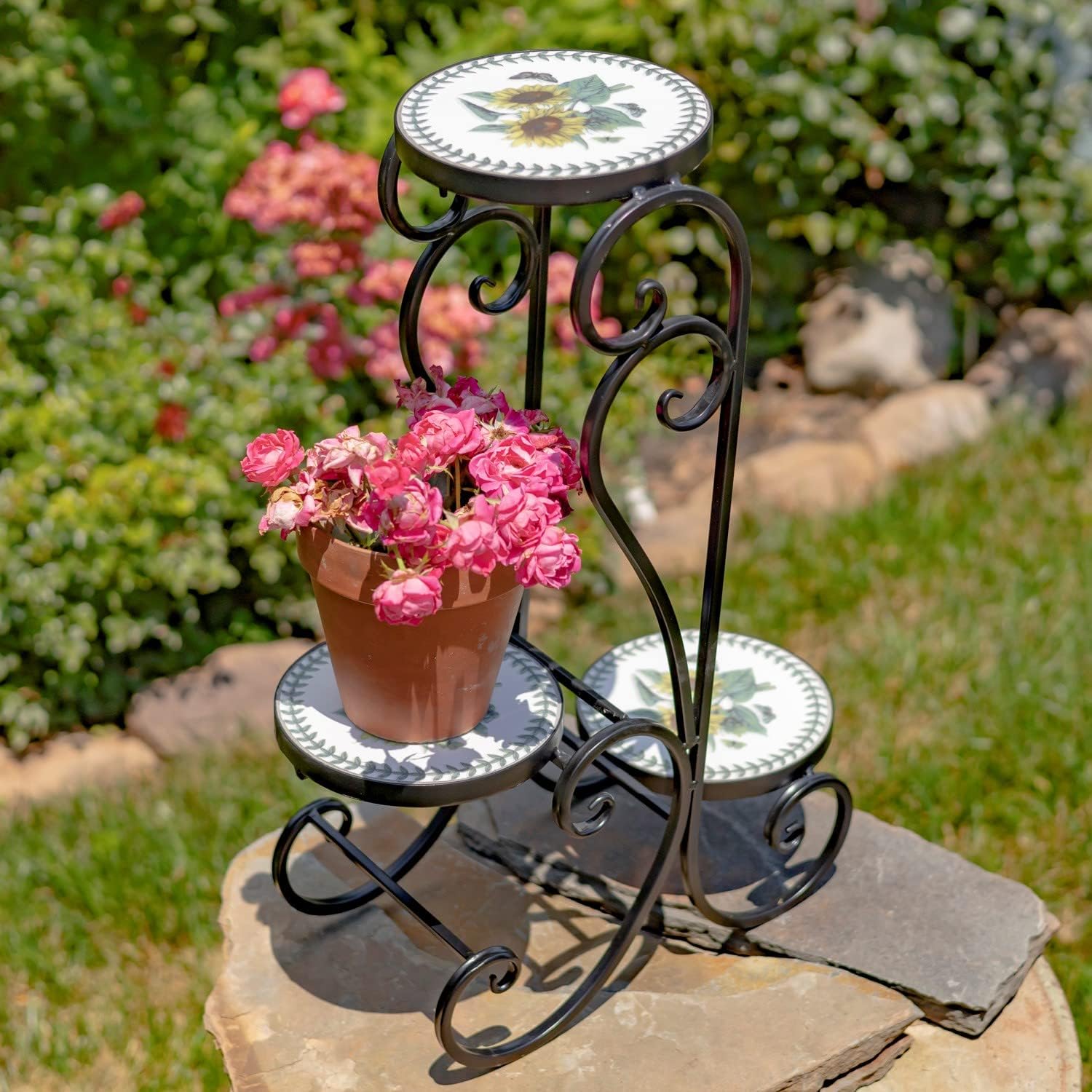 Zaer Ltd. Mosaic Tile Furniture (3 Pot Plant Stand, Odessa Sunflower Design)