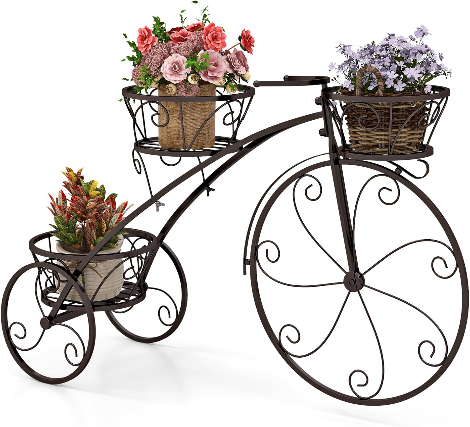 Giantex Metal Bicycle Planter, 3 Tier Tricycle Flower Plant Stand w/ 3 Decorative Wheels, Parisian Style Flower Display Stand Cart for Home Decor Patio Garden Flower Shop Indoor Outdoor (Bronze)