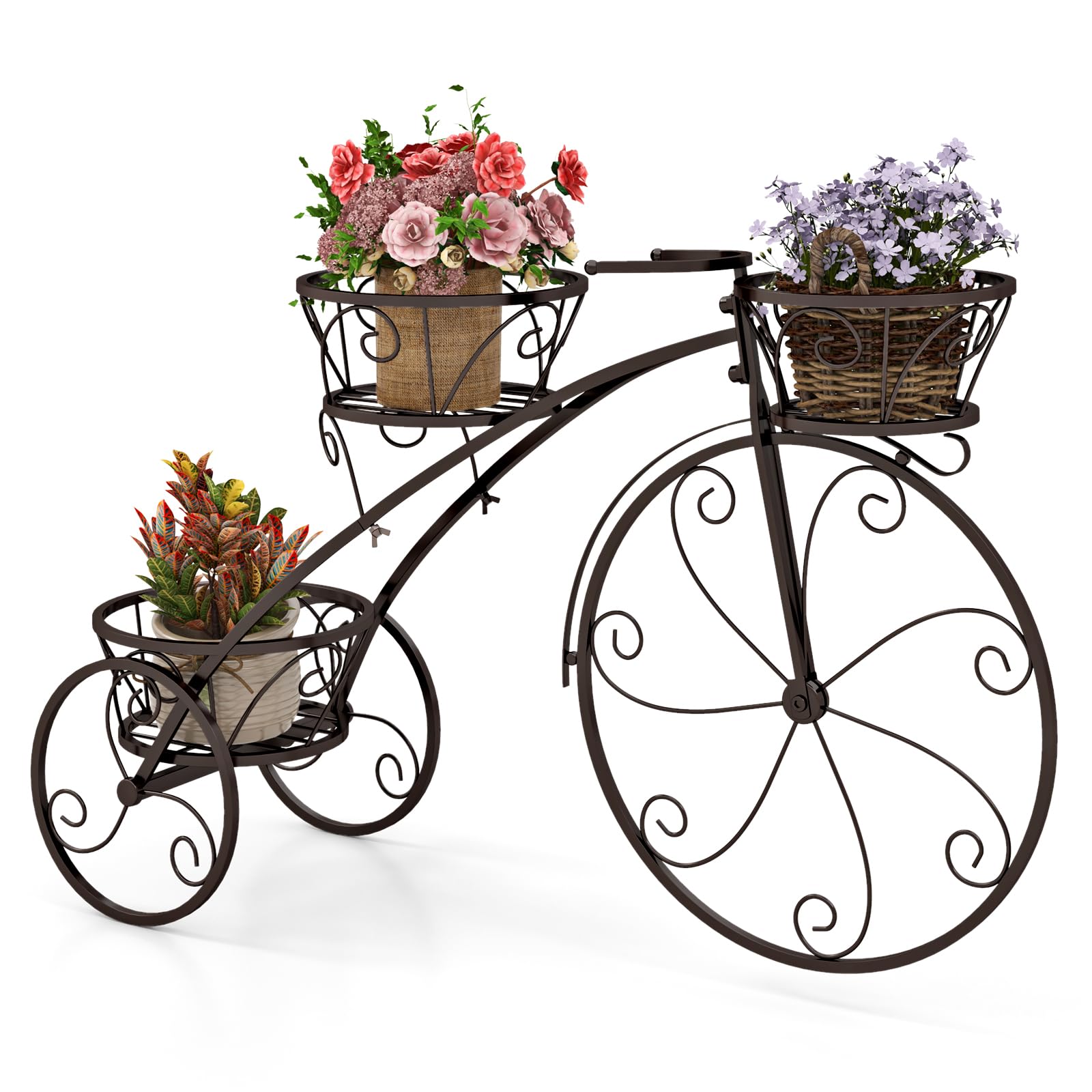 Giantex Metal Bicycle Planter, 3 Tier Tricycle Flower Plant Stand w/ 3 Decorative Wheels, Parisian Style Flower Display Stand Cart for Home Decor Patio Garden Flower Shop Indoor Outdoor (Bronze)