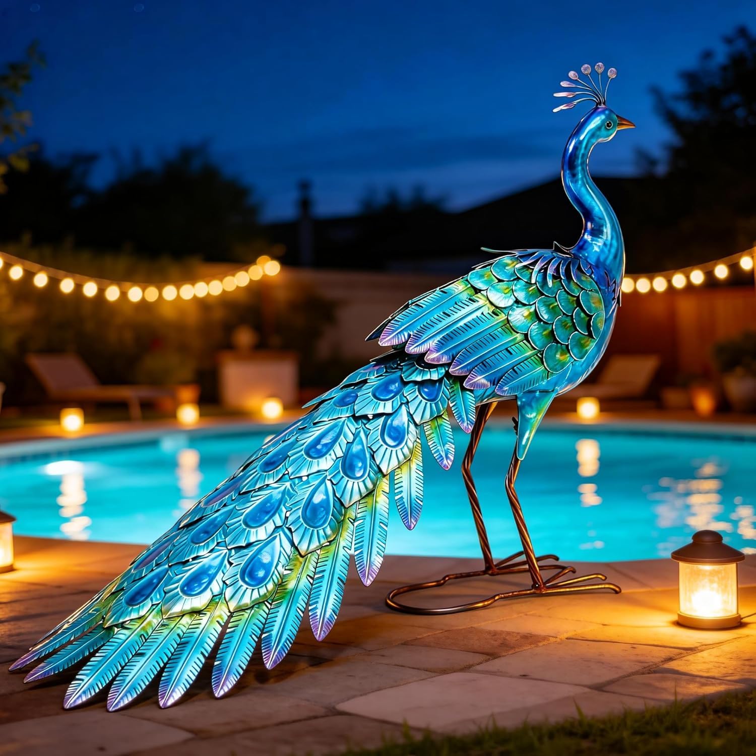 36.8" Extra-Large Blue Heron Decor, Handcrafted Metal Crane Statue with Stable U-Ground Stakes, Backyard Decoration, Metal Garden Bird Animal Yard Art, Lawn Ornament Decor