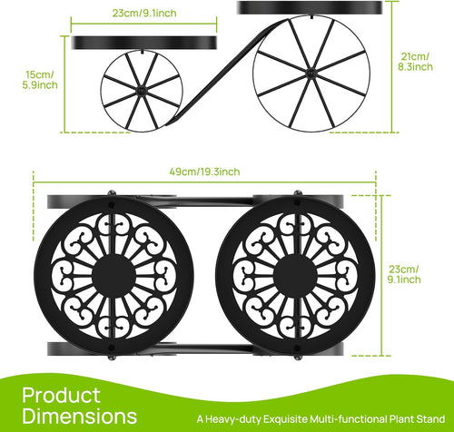 Cute Plant Stand Indoor Outdoor 2-Tier Metal Heavy Duty Flower Pot Holder with Decorative wagon wheels, Multi-Use Planter Display Rack Shelf for Garden Patio Balcony Living Room Corner (Black)