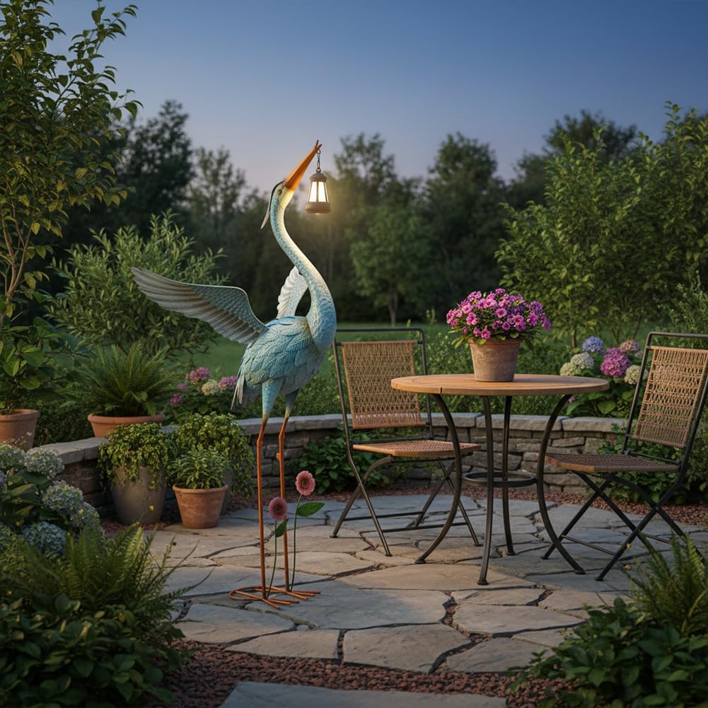 Crane Garden Statue with Solar Lantern, Large Blue Heron Outdoor Staue Garden Decor, Metal Crane Sculpture Yard Art Decor for Lawn, Backyard, Porch