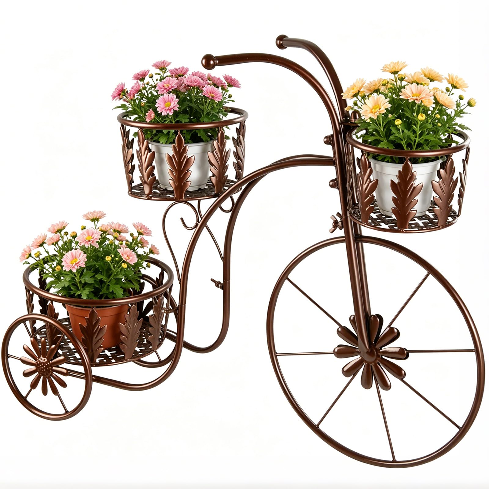 Metal Bicycle Planter Stand, 3 Tier Flower Pot Stand Cart with 3 Plant Buckets, Outdoor Garden Decorative Planter for Yard Patio Lawn Flower Shop Home Decor (Bronze)