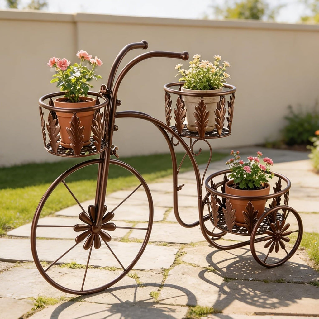 Metal Bicycle Planter Stand, 3 Tier Flower Pot Stand Cart with 3 Plant Buckets, Outdoor Garden Decorative Planter for Yard Patio Lawn Flower Shop Home Decor (Bronze)