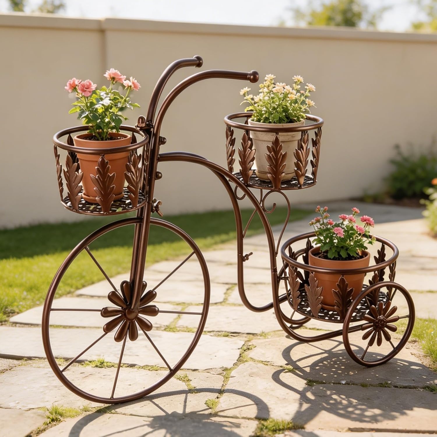 Metal Bicycle Planter Stand, 3 Tier Flower Pot Stand Cart with 3 Plant Buckets, Outdoor Garden Decorative Planter for Yard Patio Lawn Flower Shop Home Decor (Bronze)