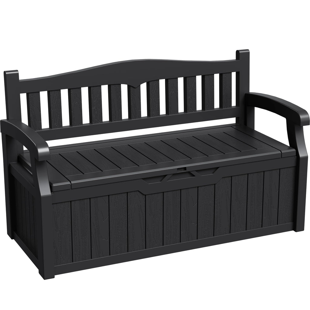 Greesum 80 Gallon Deck Box Storage Bench, Patio Furniture, Lockable, Waterproof and UV Resistant,with Armrest, Suitable for Garden, Porch, Poolside, Dark Black