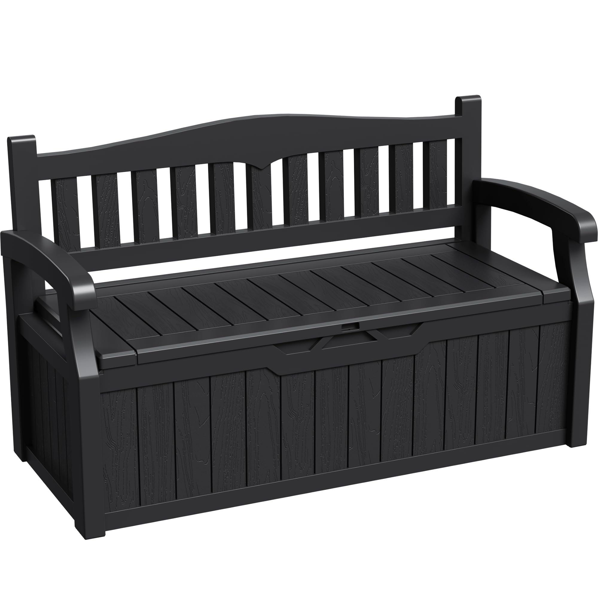 Greesum 80 Gallon Deck Box Storage Bench, Patio Furniture, Lockable, Waterproof and UV Resistant,with Armrest, Suitable for Garden, Porch, Poolside, Dark Black
