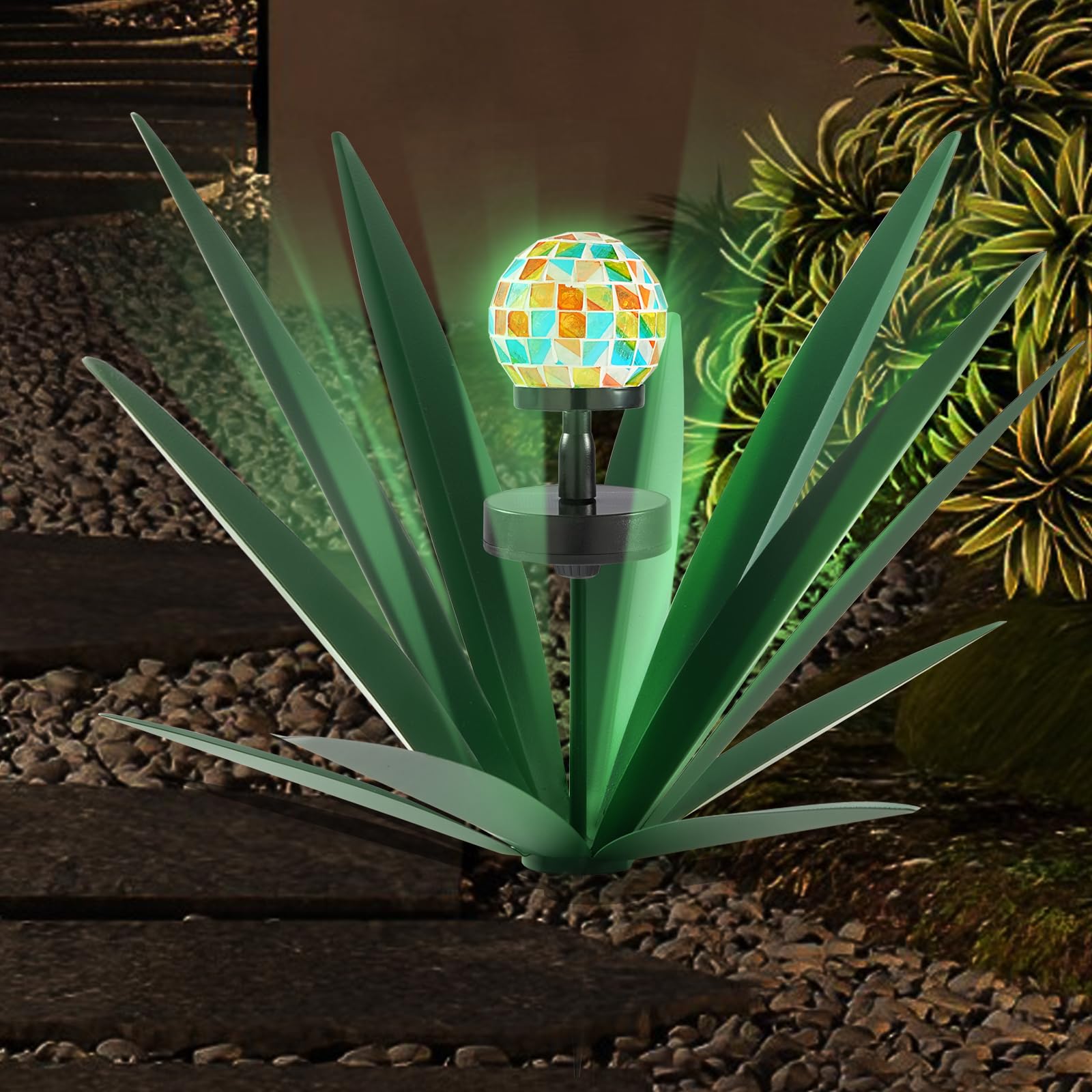 TOMBABY Solar Rustic Garden Style Metal Agave Plants Outdoor Patio, Home Decor Hand-Painted Metal Agave Garden Patio Statues, Suitable for Desert Areas, Outdoor Lawn Decorations (2 Solar Blue)