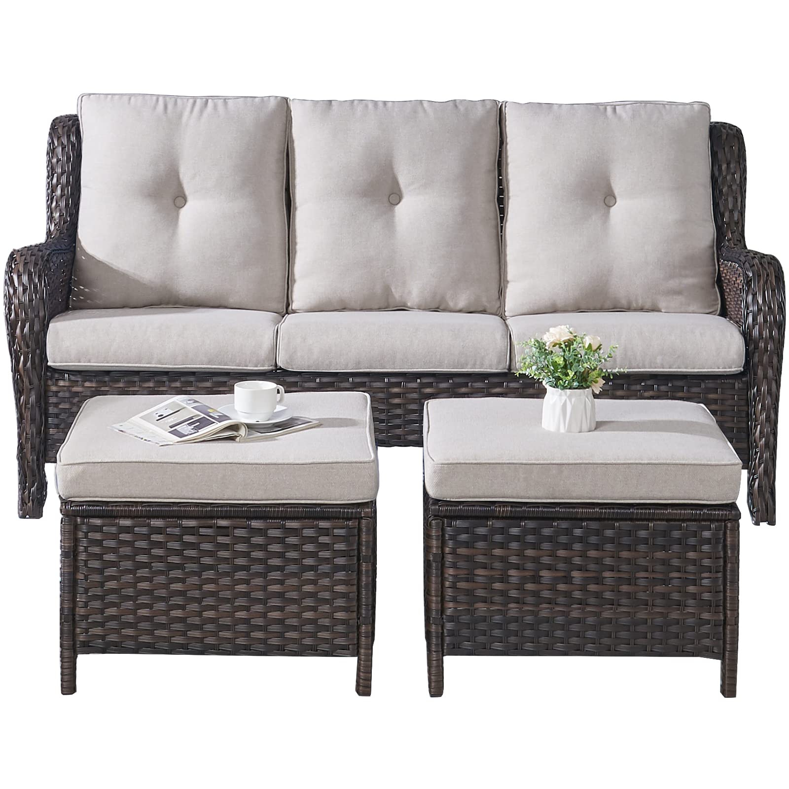 Rilyson Outdoor Patio Wicker Sofa 900Lbs Weight Capacity, Large 3 Seater Wicker Patio Couch with 4in Seat Cushions and Deep Seating, All Weather for Backyard, Garden, Poolside (Yellow/Blue)