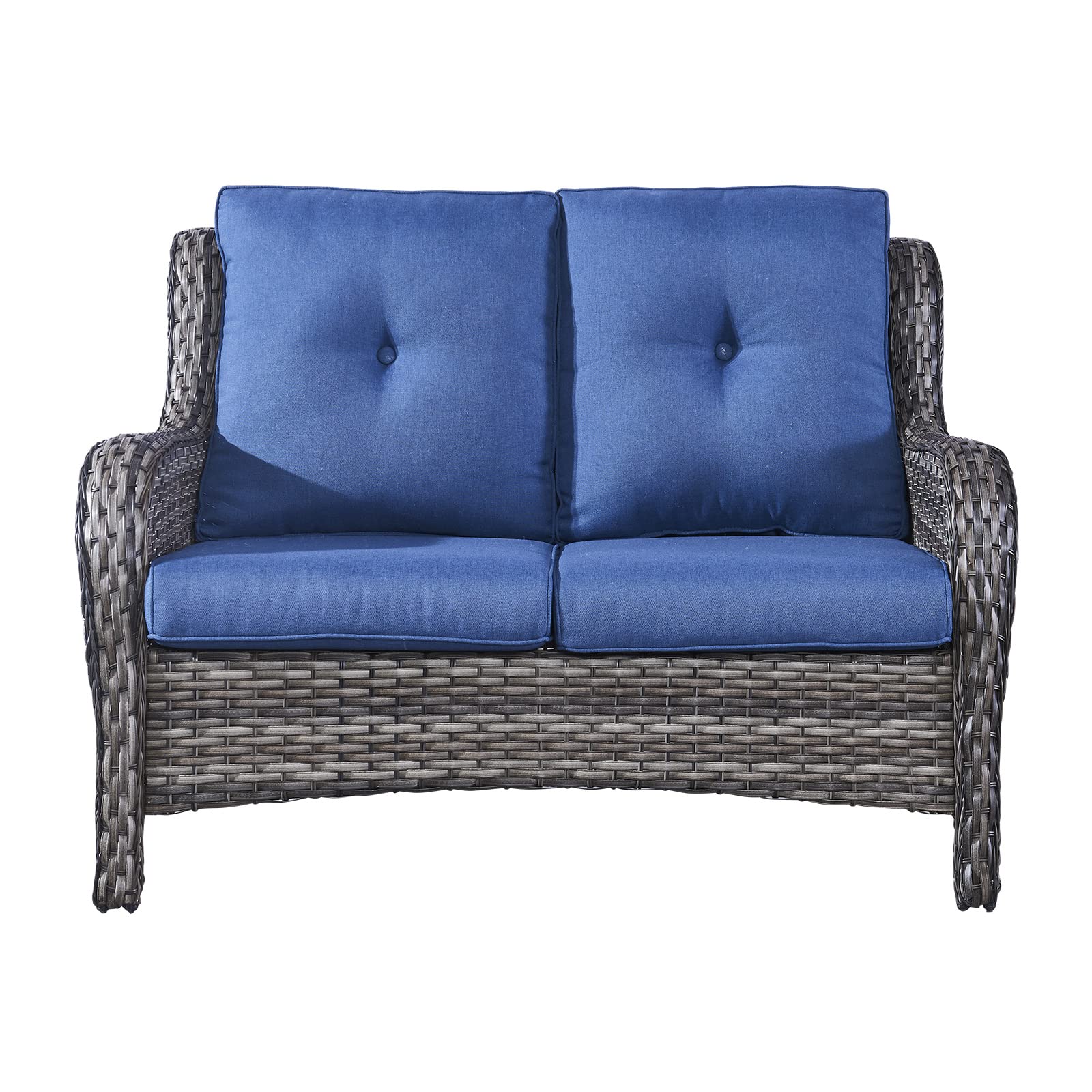 Rilyson Outdoor Patio Wicker Sofa 900Lbs Weight Capacity, Large 3 Seater Wicker Patio Couch with 4in Seat Cushions and Deep Seating, All Weather for Backyard, Garden, Poolside (Yellow/Blue)