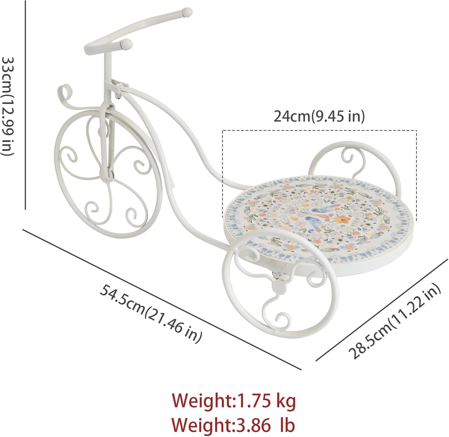 Metal Tricycle Plant Stand with Ceramic Tray, Indoor Outdoor Garden Decor
