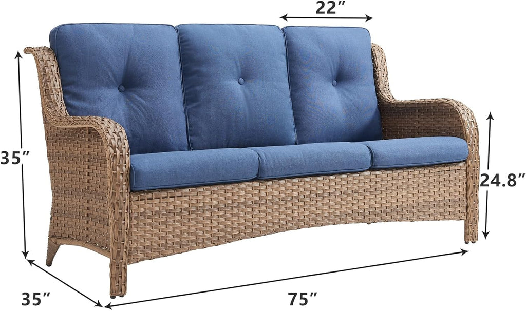 Rilyson Outdoor Patio Wicker Sofa 900Lbs Weight Capacity, Large 3 Seater Wicker Patio Couch with 4in Seat Cushions and Deep Seating, All Weather for Backyard, Garden, Poolside (Yellow/Blue)