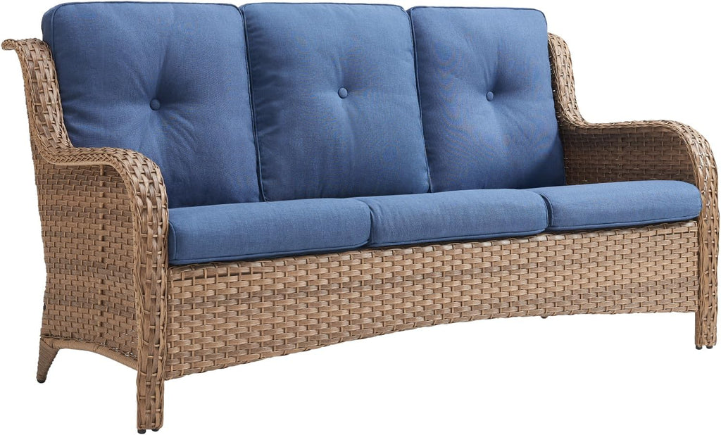 Rilyson Outdoor Patio Wicker Sofa 900Lbs Weight Capacity, Large 3 Seater Wicker Patio Couch with 4in Seat Cushions and Deep Seating, All Weather for Backyard, Garden, Poolside (Yellow/Blue)