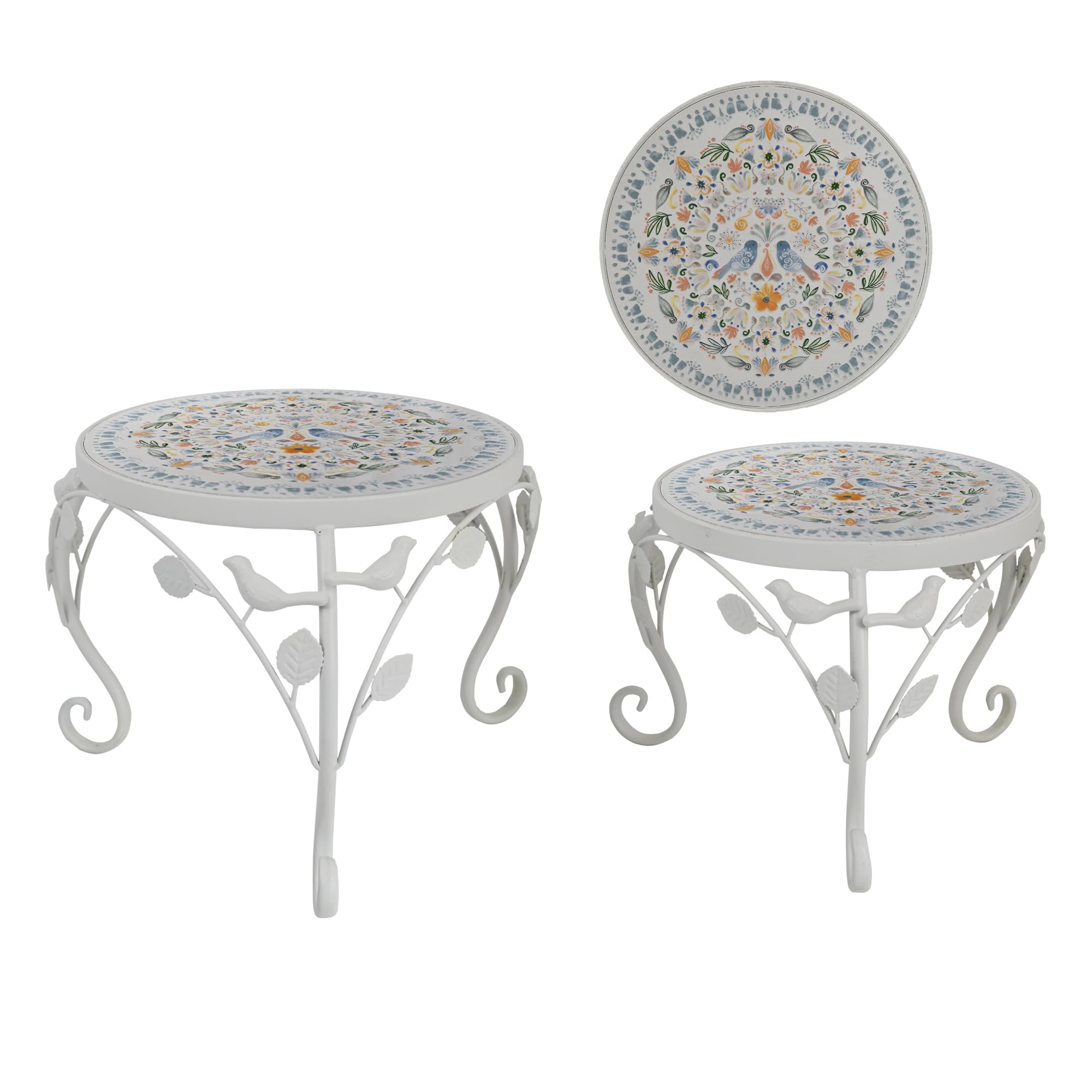 Rustic Metal Plant Stand Set of 2 Indoor & Outdoor Round Ceramic Top Butterfly Mosaic Planter Pot Stand Low Heavy Duty Flower Holder Rack for Patio Living Room Garden Farmhouse Accessory Decor Gift