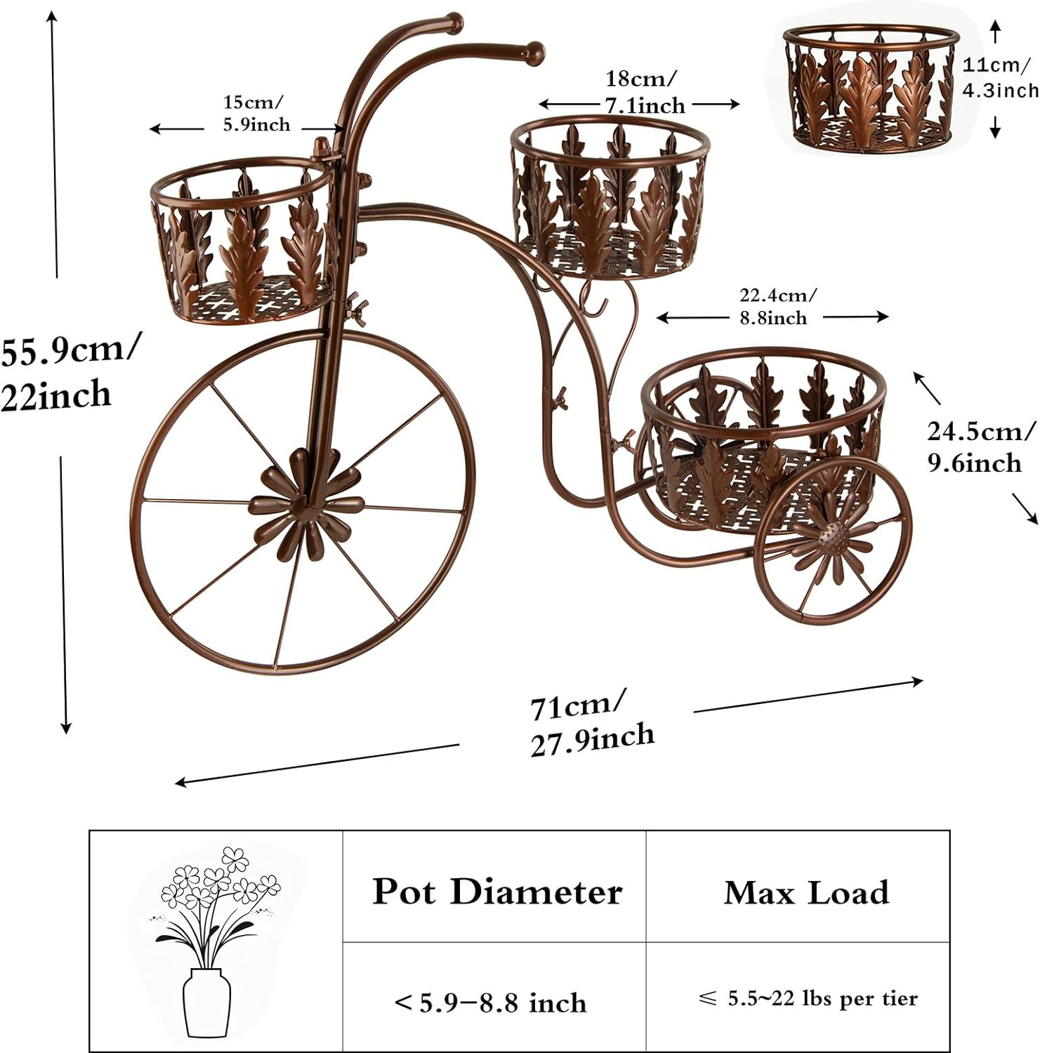 Metal Bicycle Planter Stand, 3 Tier Flower Pot Stand Cart with 3 Plant Buckets, Outdoor Garden Decorative Planter for Yard Patio Lawn Flower Shop Home Decor (Bronze)