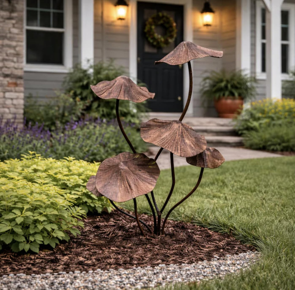 Metal Mushroom Garden Stake, Rustic Outdoor Yard Art Sculpture, Whimsical Decorative Accent for Patio, Porch, and Lawn (Bronze)
