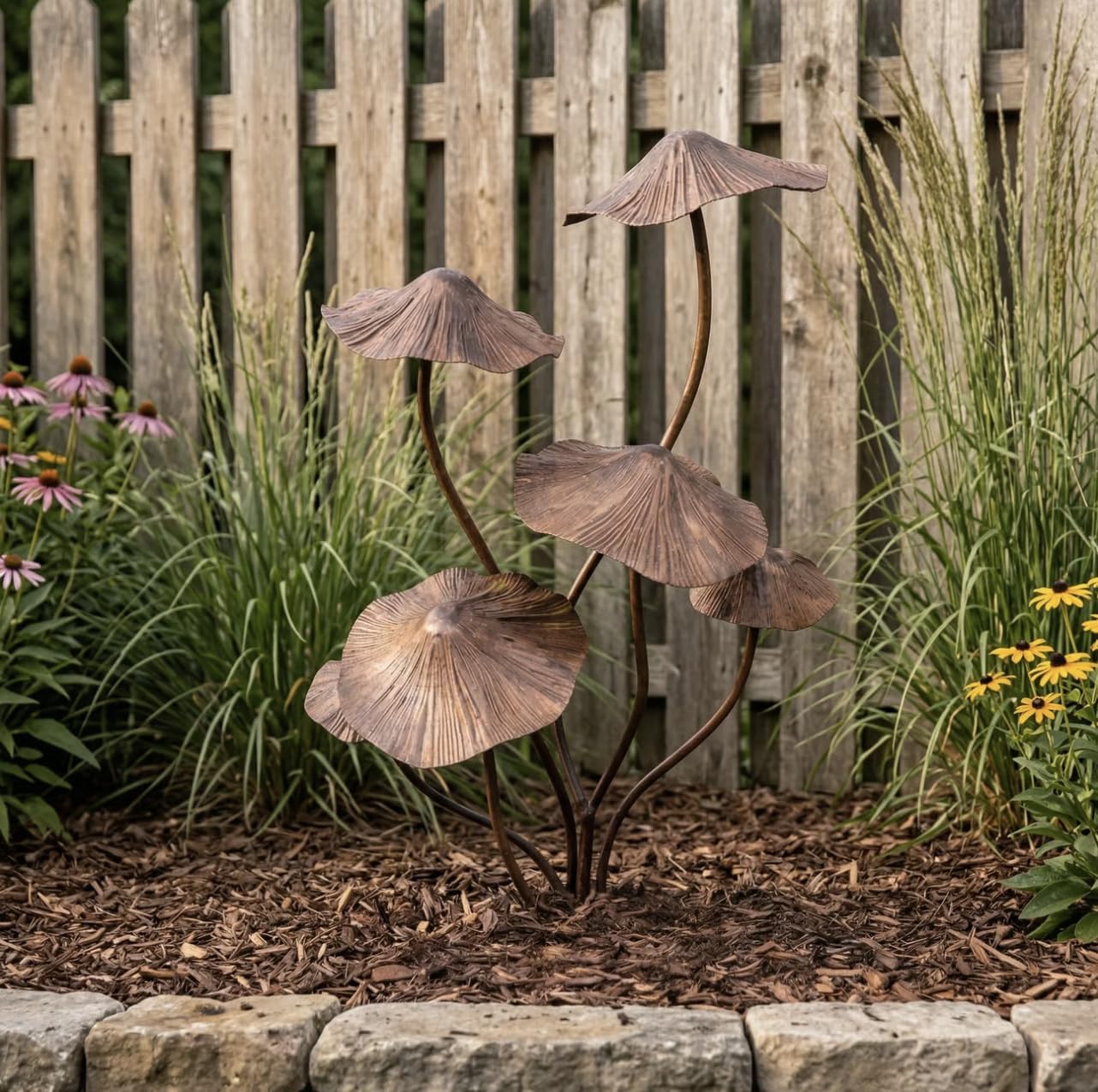 Metal Mushroom Garden Stake, Rustic Outdoor Yard Art Sculpture, Whimsical Decorative Accent for Patio, Porch, and Lawn (Bronze)