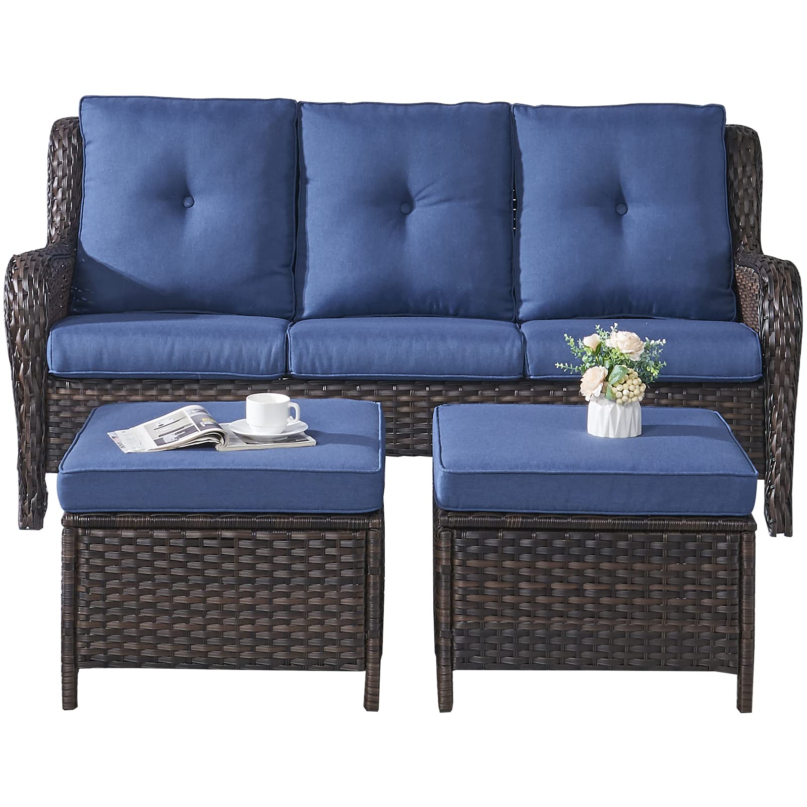 Rilyson Outdoor Patio Wicker Sofa 900Lbs Weight Capacity, Large 3 Seater Wicker Patio Couch with 4in Seat Cushions and Deep Seating, All Weather for Backyard, Garden, Poolside (Yellow/Blue)