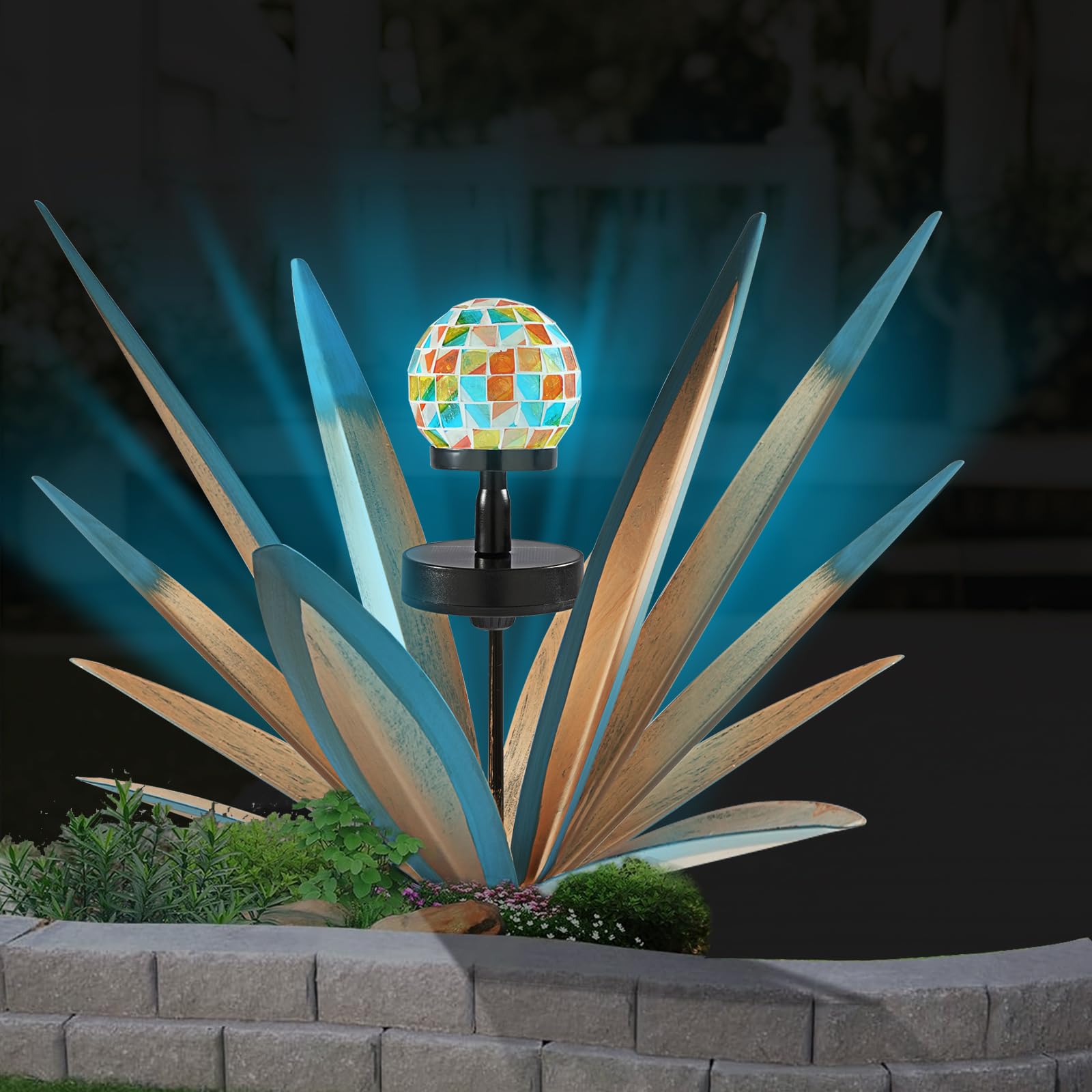 TOMBABY Solar Rustic Garden Style Metal Agave Plants Outdoor Patio, Home Decor Hand-Painted Metal Agave Garden Patio Statues, Suitable for Desert Areas, Outdoor Lawn Decorations (2 Solar Blue)