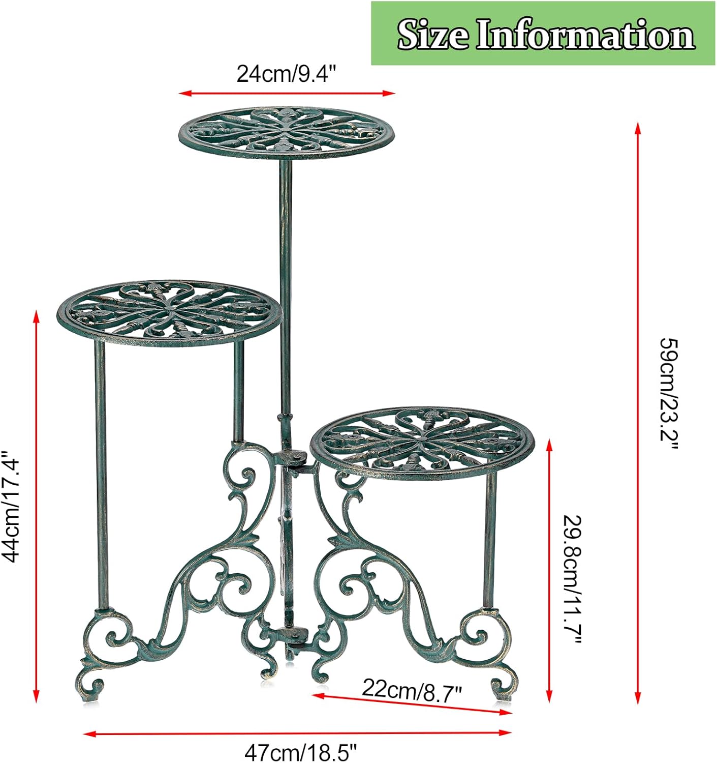 OwnMy 3 Tier Heavy Duty Cast Iron Plant Stand Foldable Wrought Iron Flower Pot Holder, Indoor Outdoor Tall Plant Stand Shelf for Garden Patio, Decorative Round Metal Plant Display Rack, Antique Green