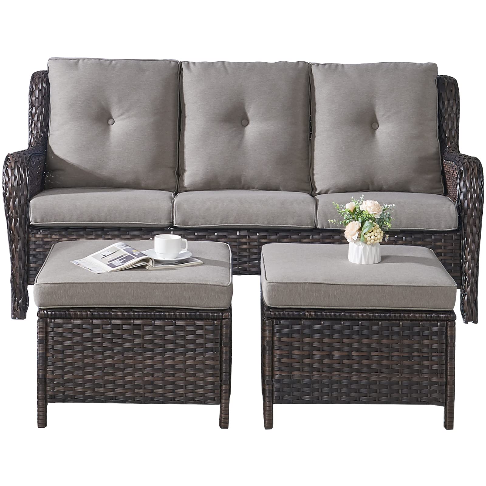 Rilyson Outdoor Patio Wicker Sofa 900Lbs Weight Capacity, Large 3 Seater Wicker Patio Couch with 4in Seat Cushions and Deep Seating, All Weather for Backyard, Garden, Poolside (Yellow/Blue)