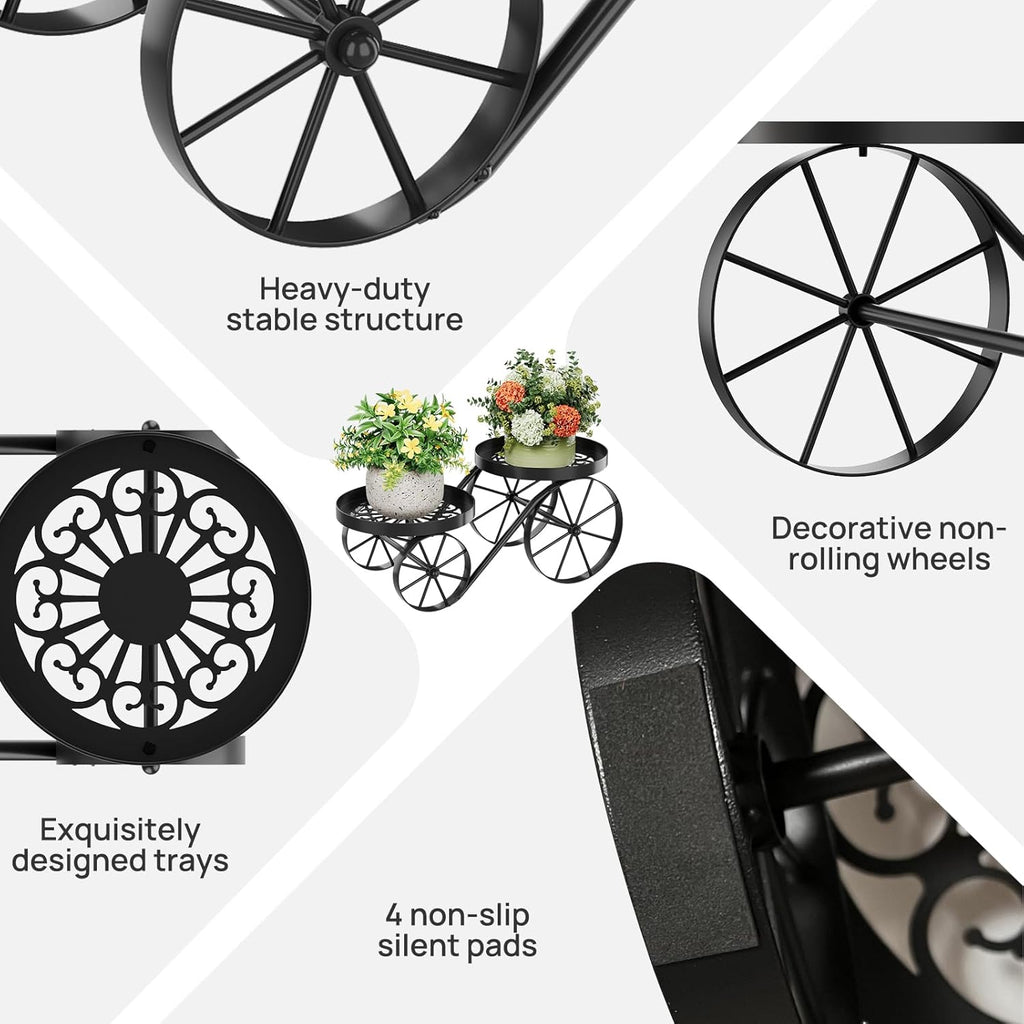 Cute Plant Stand Indoor Outdoor 2-Tier Metal Heavy Duty Flower Pot Holder with Decorative wagon wheels, Multi-Use Planter Display Rack Shelf for Garden Patio Balcony Living Room Corner (Black)