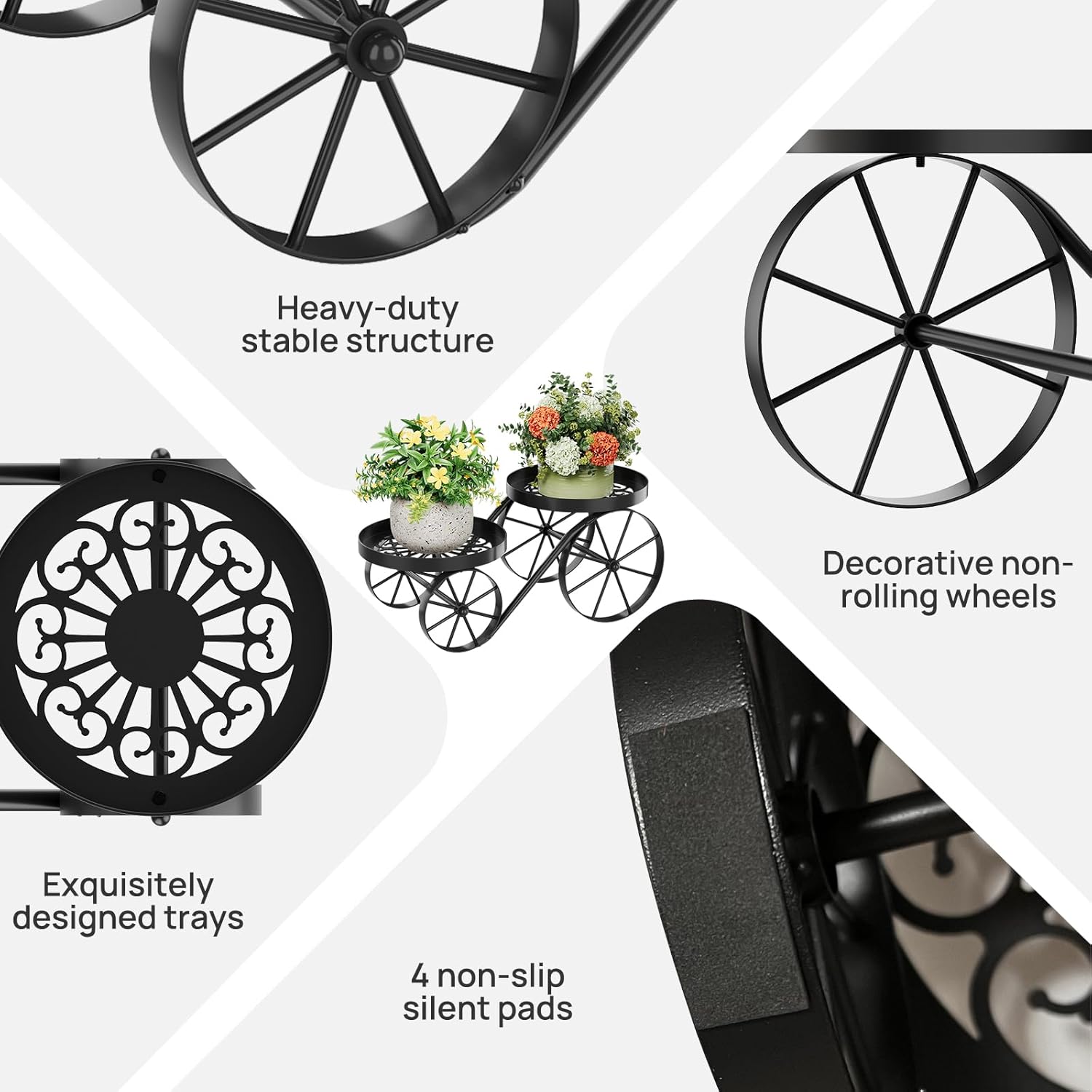 Cute Plant Stand Indoor Outdoor 2-Tier Metal Heavy Duty Flower Pot Holder with Decorative wagon wheels, Multi-Use Planter Display Rack Shelf for Garden Patio Balcony Living Room Corner (Black)