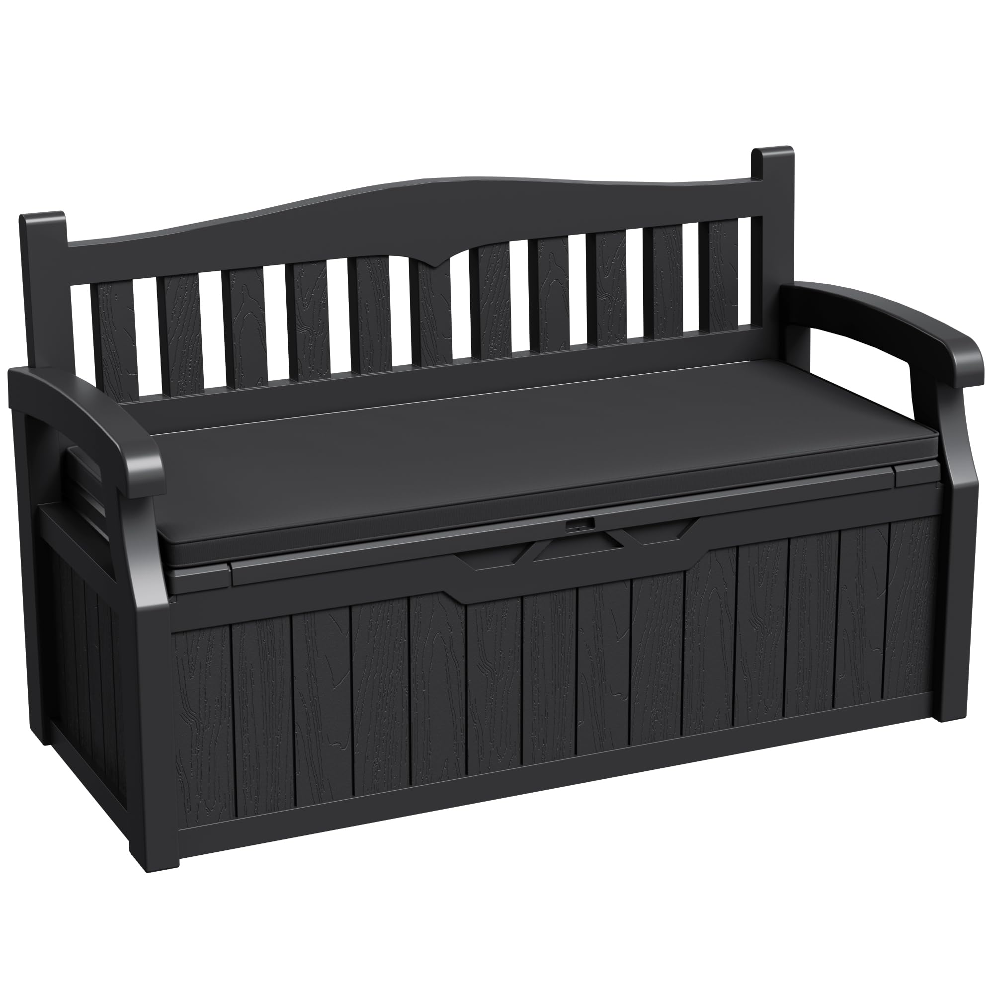 Greesum 80 Gallon Deck Box Storage Bench, Patio Furniture, Lockable, Waterproof and UV Resistant,with Armrest, Suitable for Garden, Porch, Poolside, Dark Black